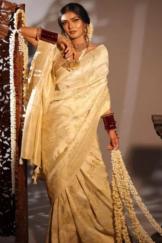 Cream and Gold Silk Saree for Wedding look