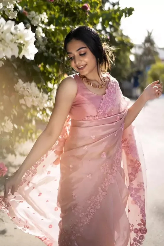 Dusty Pink Organza Silk Sarees With Embroidery