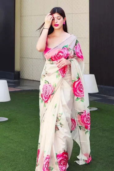Off White Color Flower Print Saree For Wedding