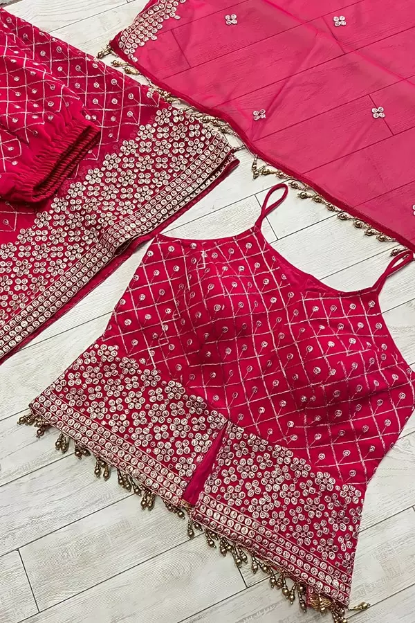 Pink Crop Top Style Sharara Suit With Dupatta