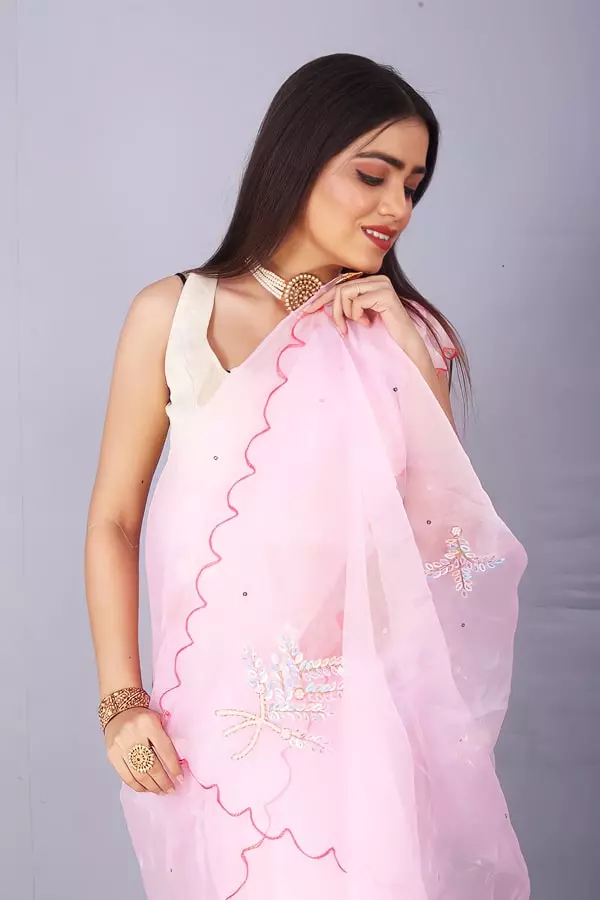Pink Pure Organza Silk Saree With Embroidery Work