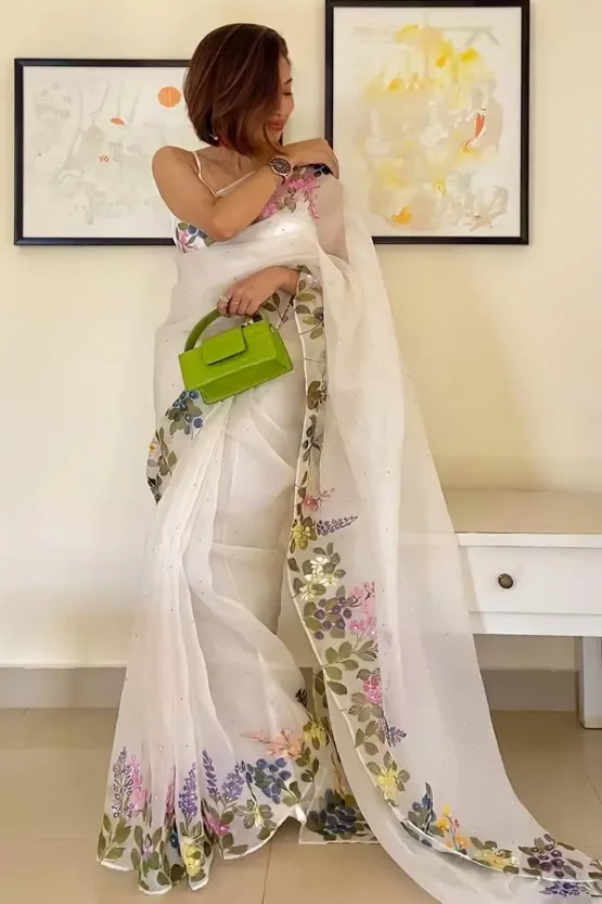 White Color Premium Organza Silk Saree Look For Wedding Guest