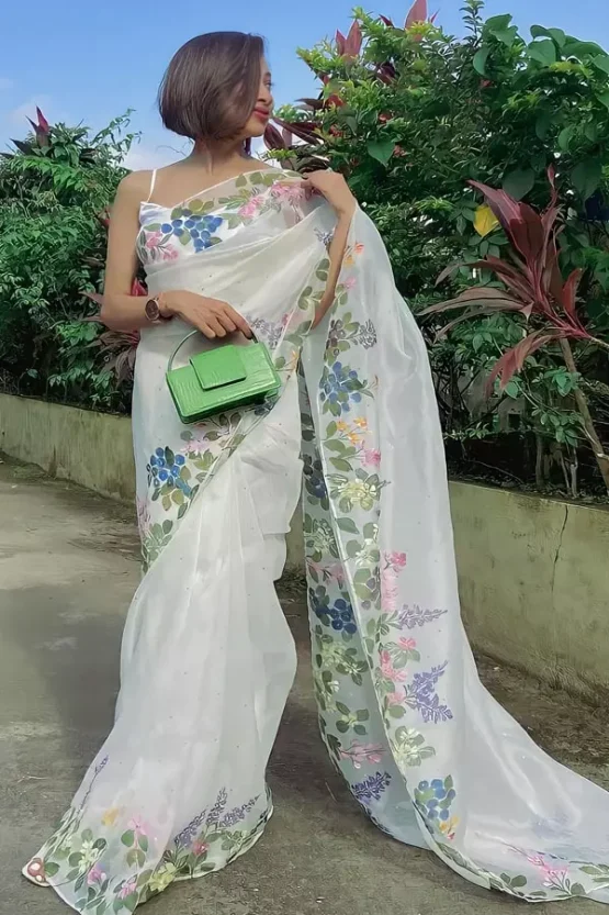 White Organza Silk Saree For Wedding Guest