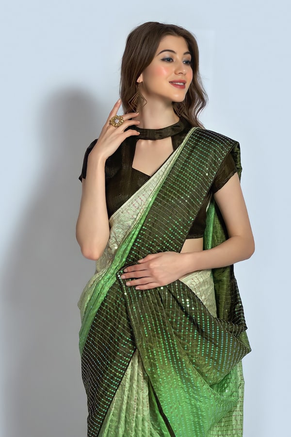 Green Fancy Sequence Saree For Wedding Party