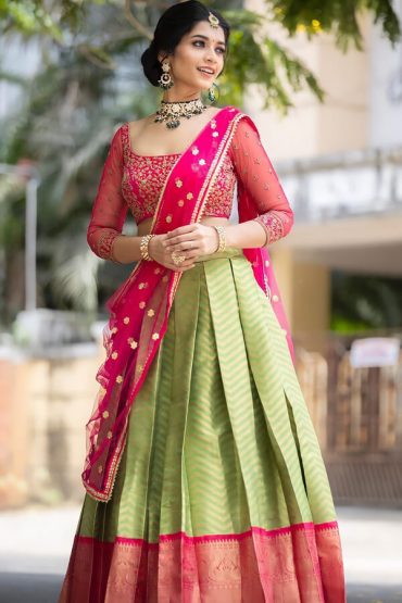 Pink And Green Color Combination Pattu Half Saree For Women