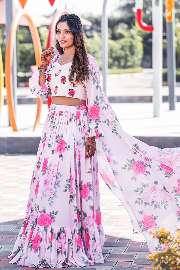 Party Wear Crop Top Lehenga With Long Jacket