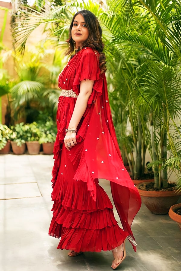 Latest Ruffle Saree For Wedding in Red colour