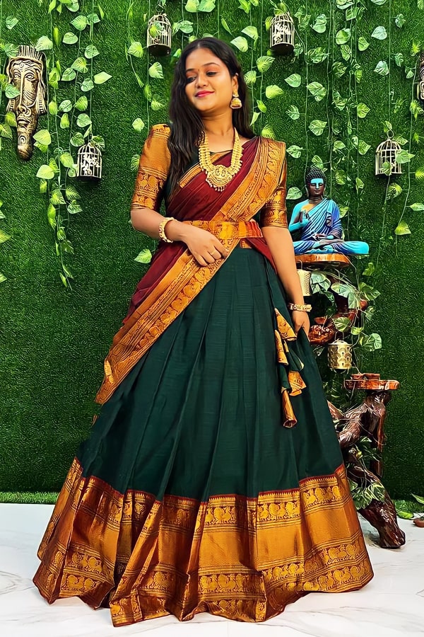 Buy Forest Green Silk Saree With Embroidery And Woven Border