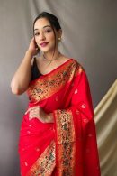 Nauvari Paithani Silk Saree in Red Color 2022