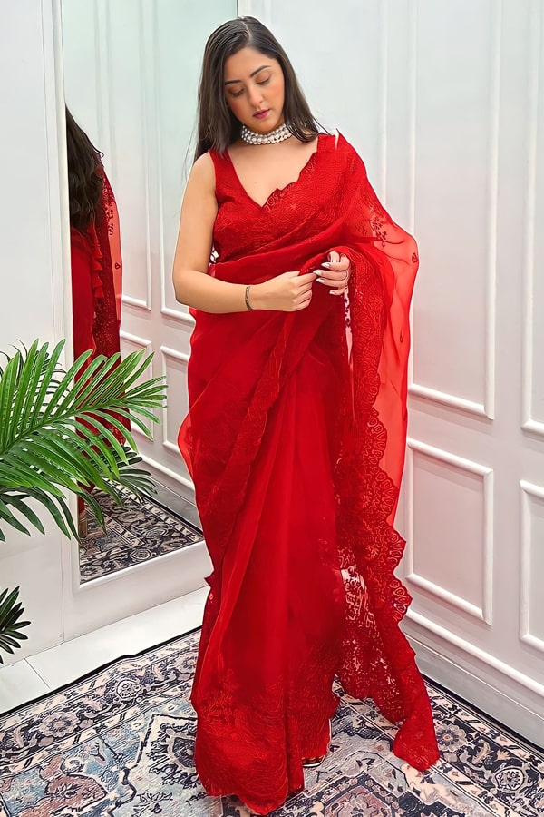 Red Color Designer Karwa Chauth Saree Look For Women