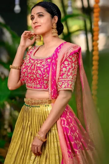 Traditional Yellow And Pink Half Saree For Wedding