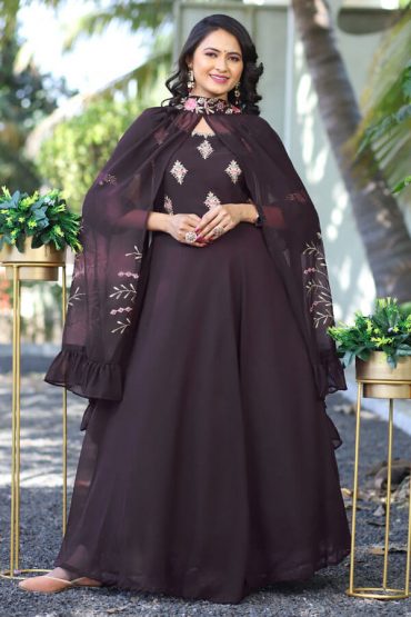 brown shade silk digital printed jacket style long gown 9011 | Printed gowns,  Gowns dresses, Indian gowns