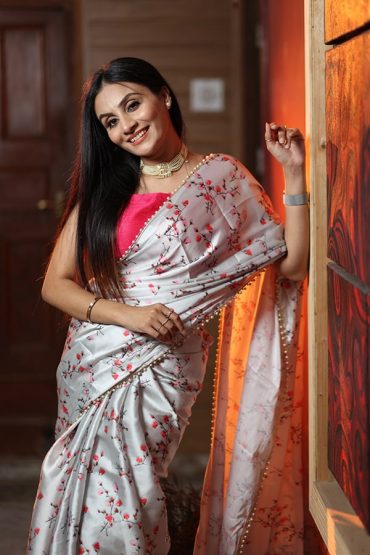 Designer Satin Silk Saree For Wedding Guest