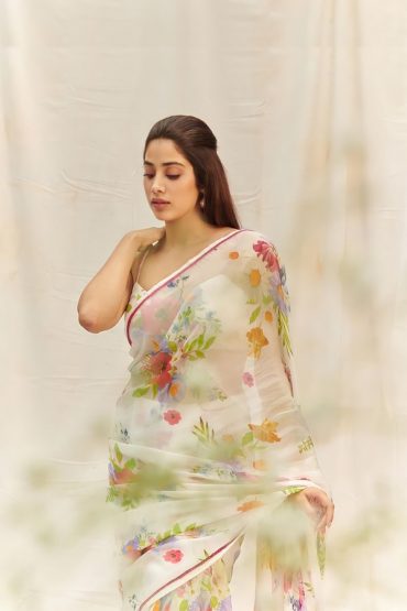 Janhvi Kapoor Floral White Saree With Strappy Blouse