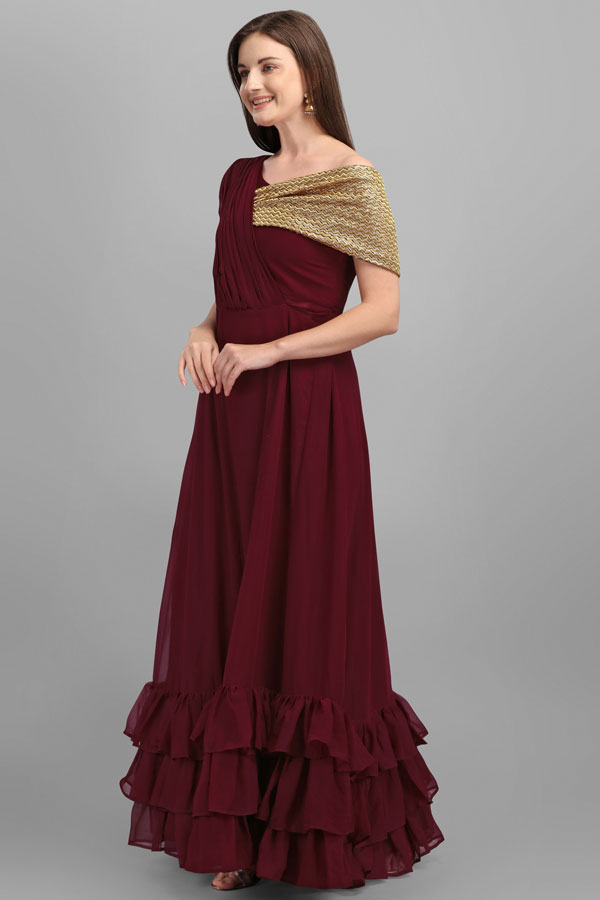 Maroon Fancy Gown With Fully Stitched
