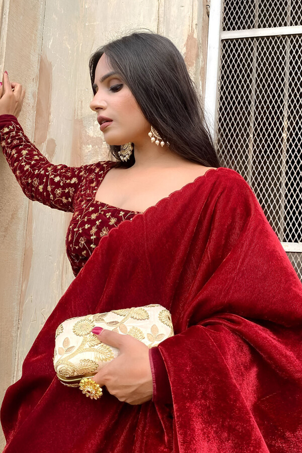 Ajrakh Silk Saree | Buy Velvet Sarees Online | Buy Velvet Dress Online
