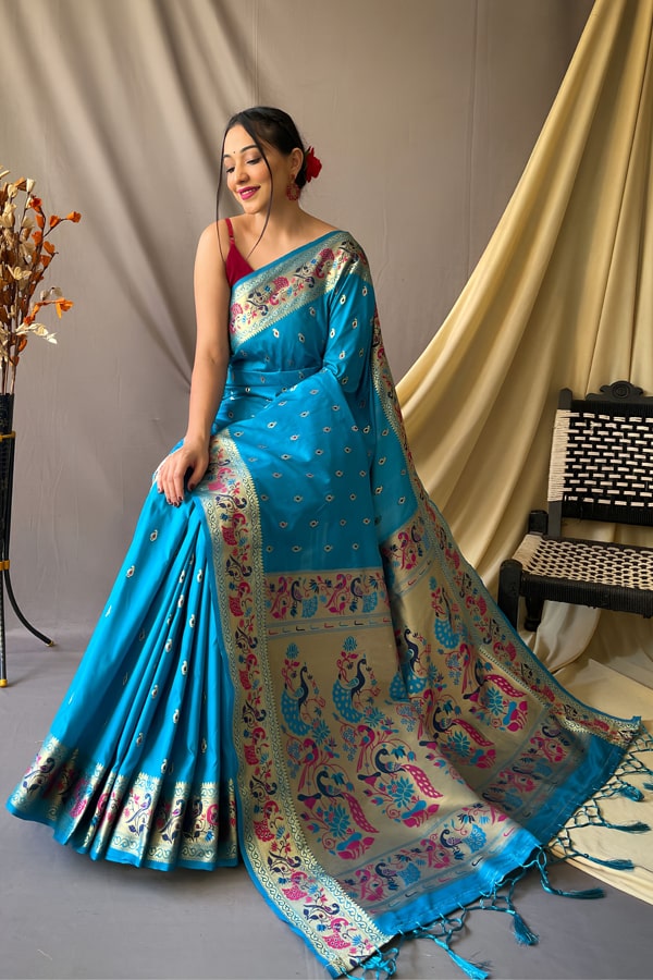 Silk paithani Saree with blouse in Sky blue colour 42001