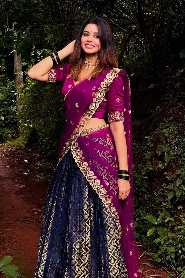 Sravana Bhargavi in Traditional half saree by Kowshiki Couture! |  Fashionworldhub