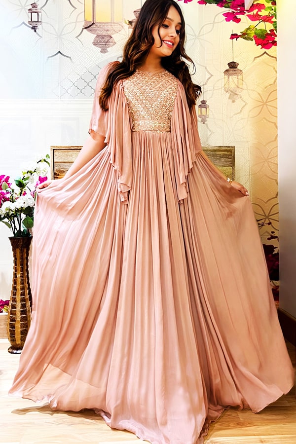 Simply Splendid an Intricately Crafted Saree Style Gown with Cape  Belt