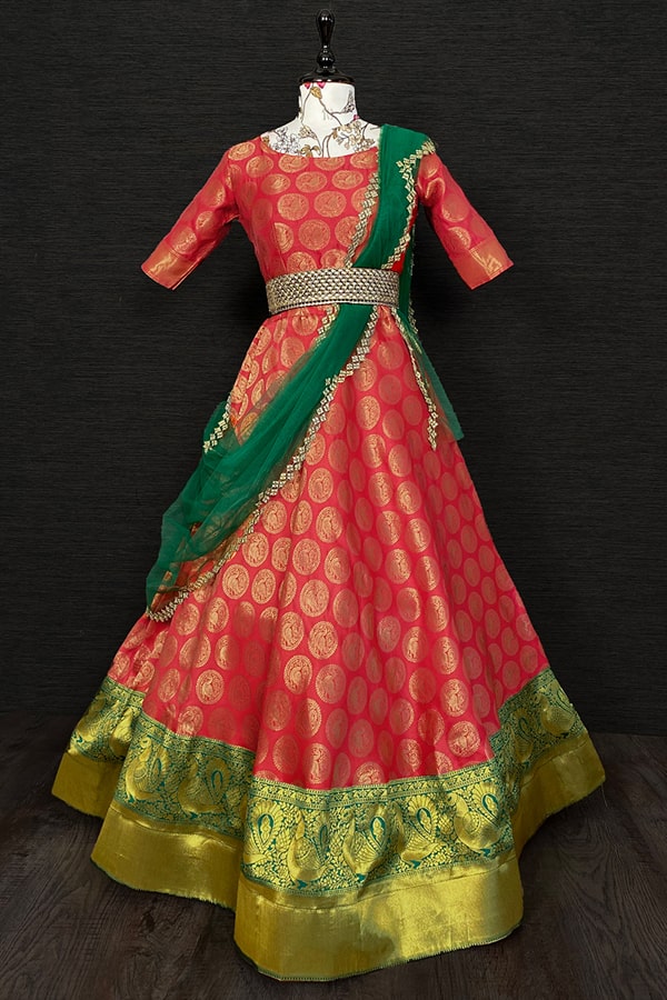 Indira' Old Rose Pink Pure Katan Silk Banarasi Handloom Lehenga Set - Tilfi