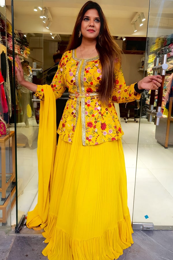 Buy Mona and Vishu Yellow Peplum Top And Chanderi Skirt Set Online  Aza  Fashions
