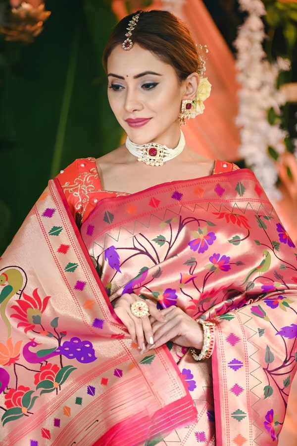 Pearl White Saree With Floral Print Paithani Silk