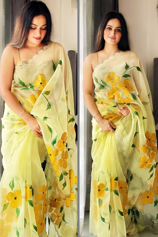 Party Wear Organza Silk Floral Print Saree For Women