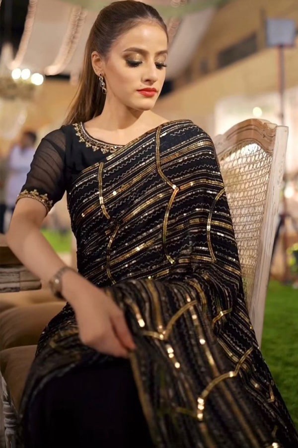 Black Chiffon Saree With Swarovski Stone Embellishments And Satin Border |  Chiffon saree, Saree designs party wear, Fashion