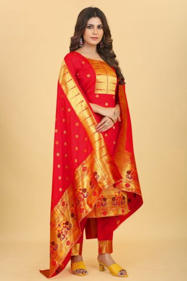 Red Paithani Dress Material Kurti For Girls