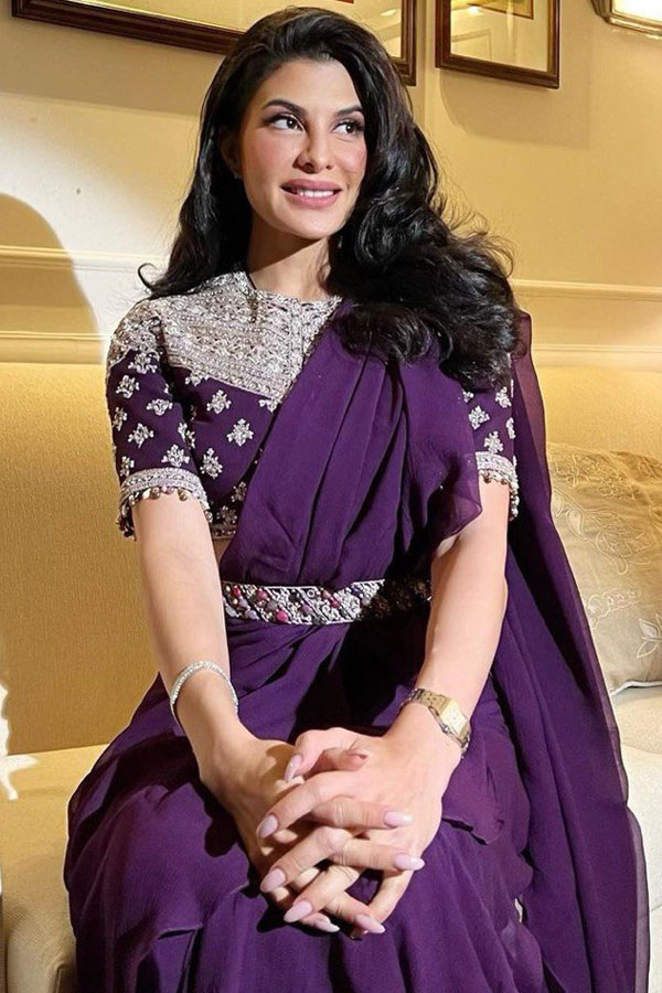 Bollywood Actress Jacqueline Fernandez Bollywood Designer Ruffle Sarree For Farewell