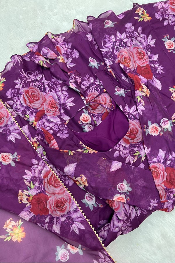 Purple Colour Flower Print Gown