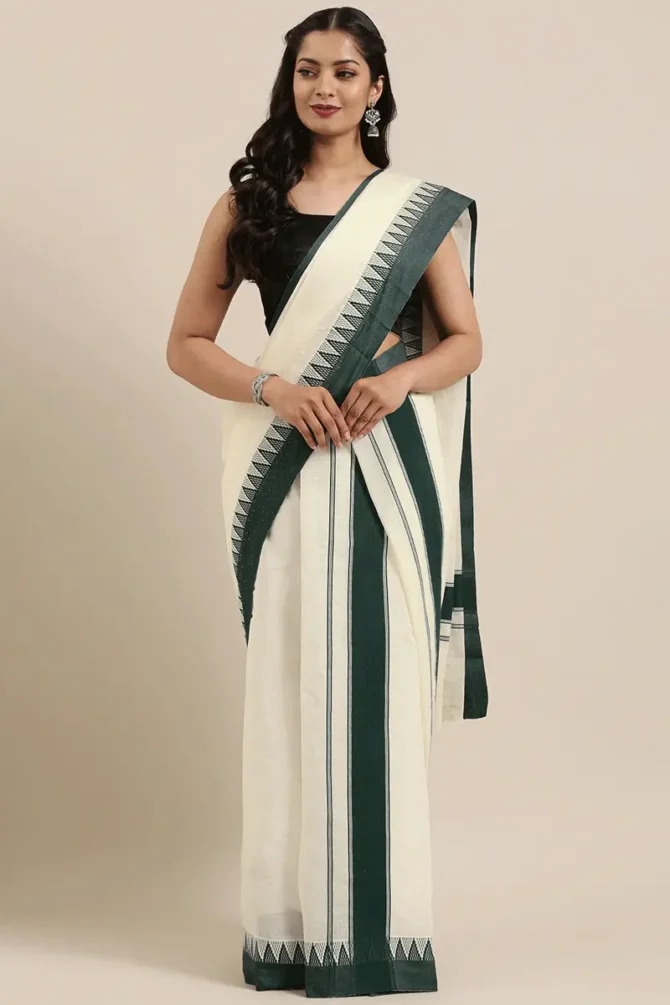 off white silk saree with green border