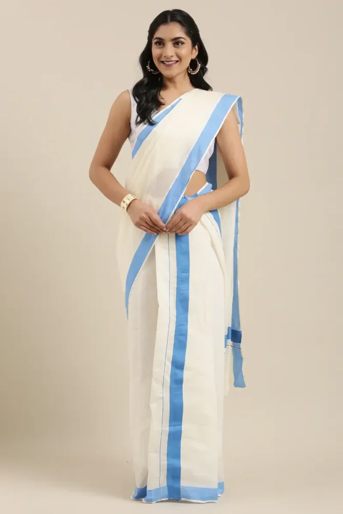 off white silk saree with blue border