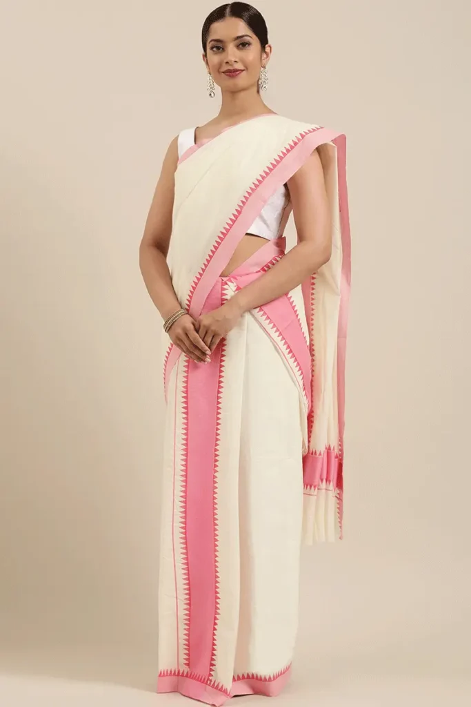 off white saree with pink border
