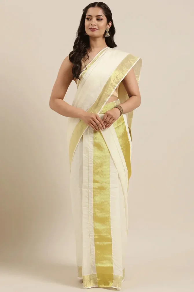off white silk saree with golden border