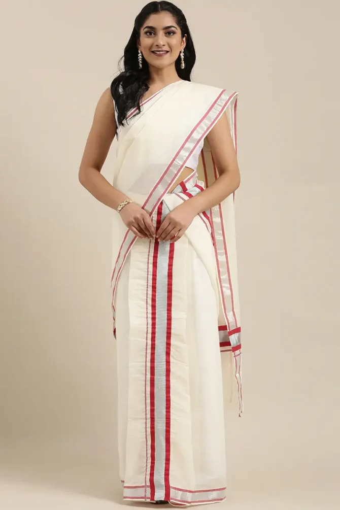 off white saree with red border
