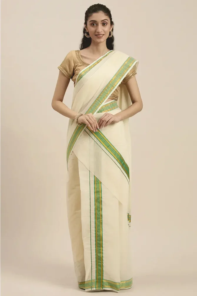 Blue White Block Printed Kerala Cotton Saree for Online Shopping PJDE20A022