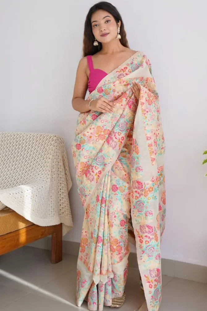 cream color floral print sarees