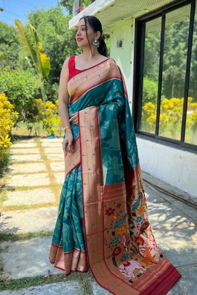 teal color paithani saree design