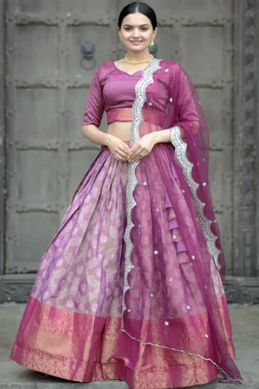 Cream & Pink Half N Half Banarasi Satin Woven Saree Latest 4672SR19
